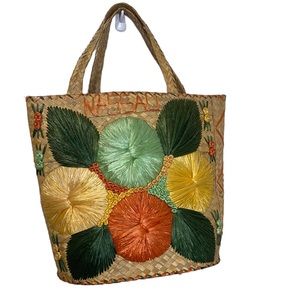 Vintage Nassau Bahamas 60's Woven Straw Bright Floral Tote Purse Bag